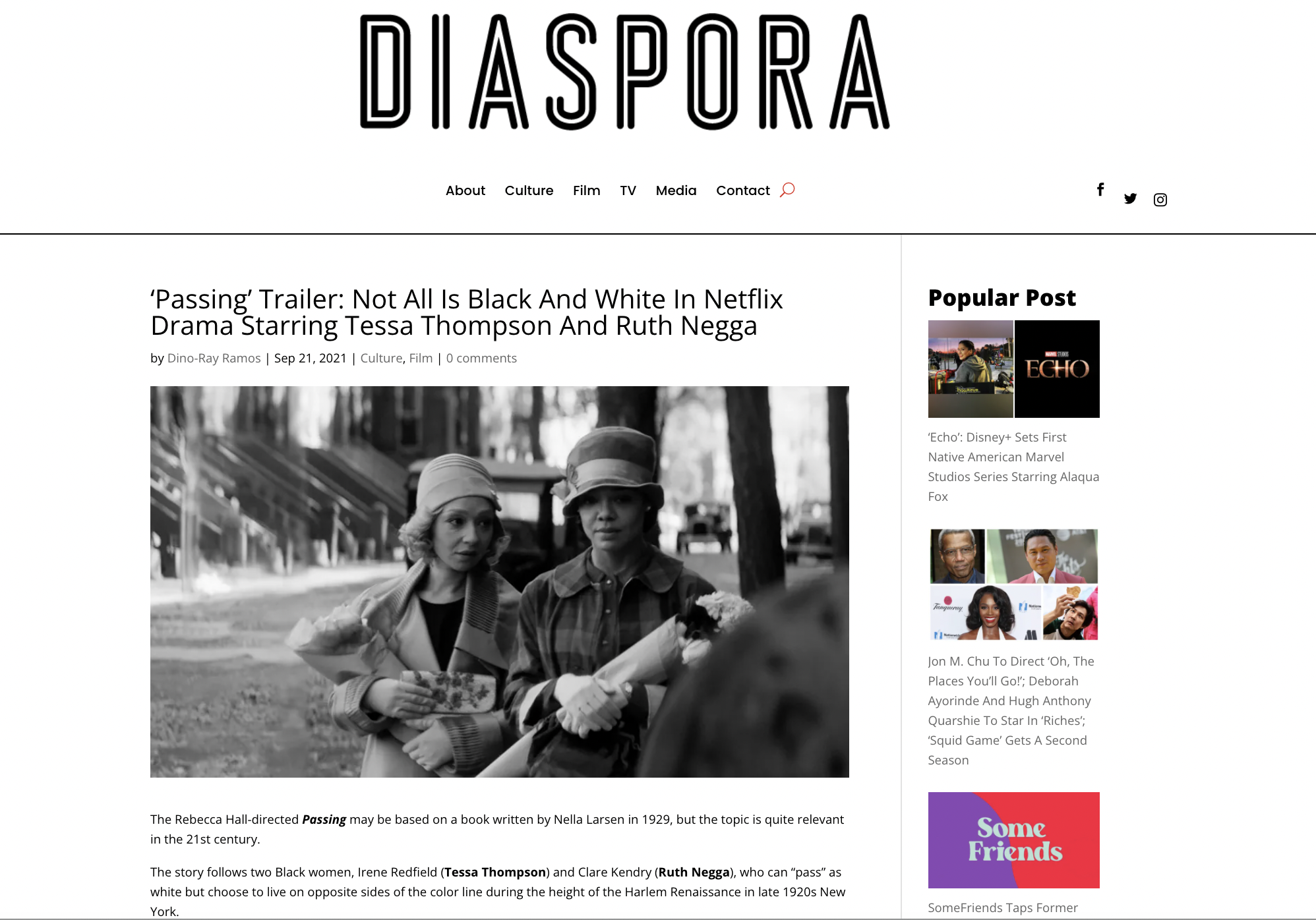 Screenshot from DIASPORA's website, article on "Passing"