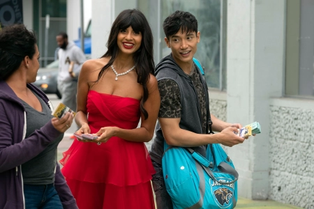 Jameela Jamil and Manny Jacinto on the set of "The Good Place"