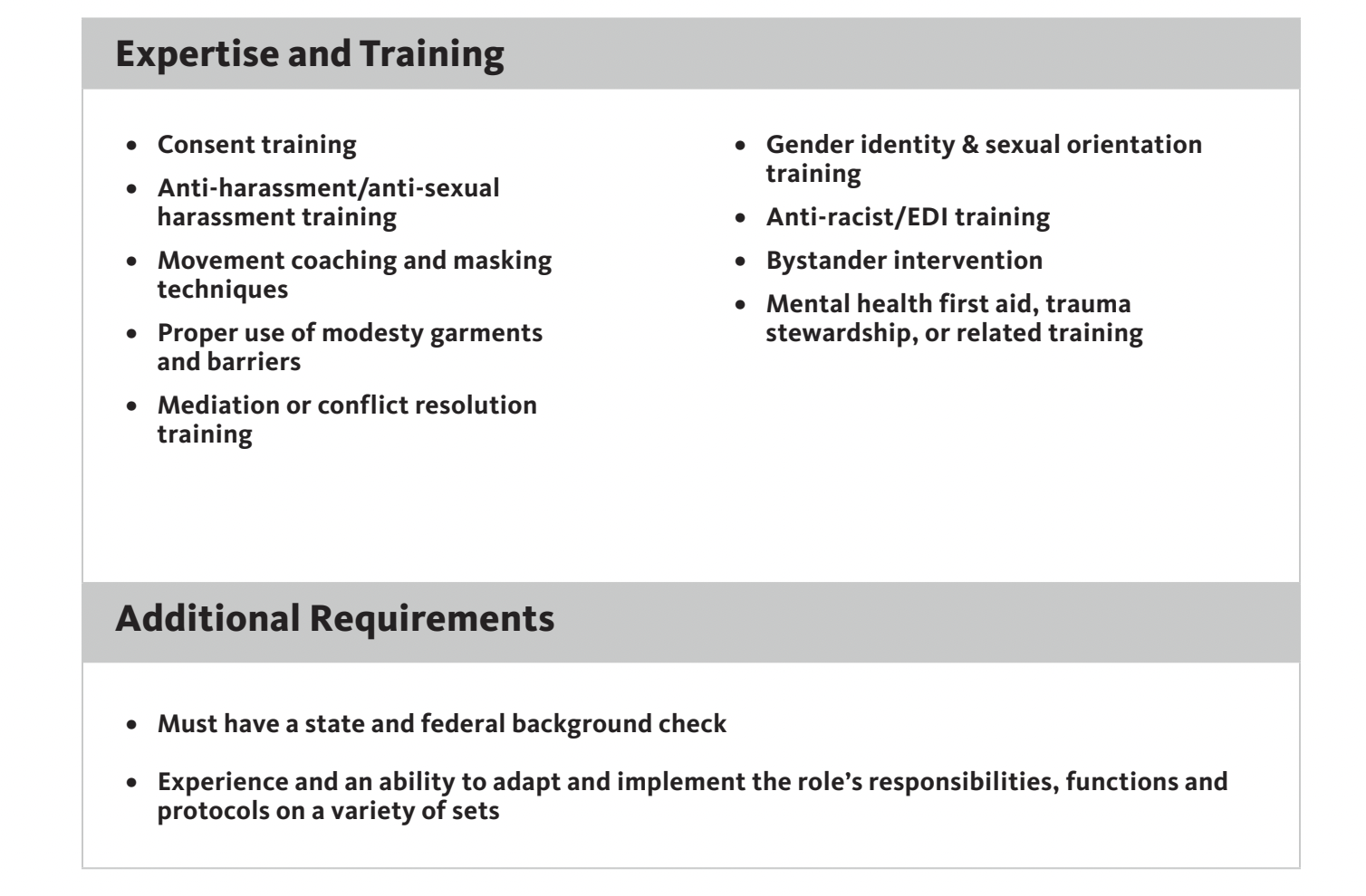 A slide titled 'Expertise and Training' and 'Additional Requirements' with accompanying bullet points