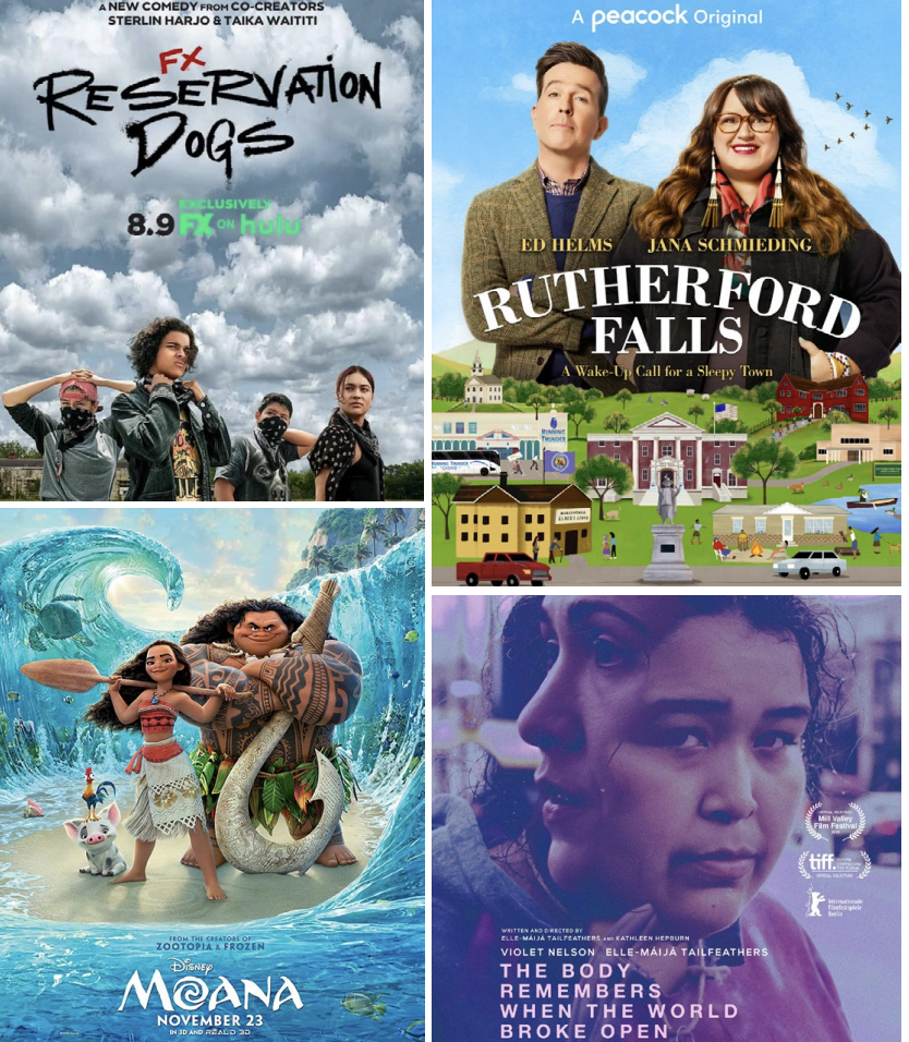 Four movie posters for 'Reservation Dogs,' 'Rutherford Falls,' 'Moana,' and 'The Body Remembers When The World Broke Open'