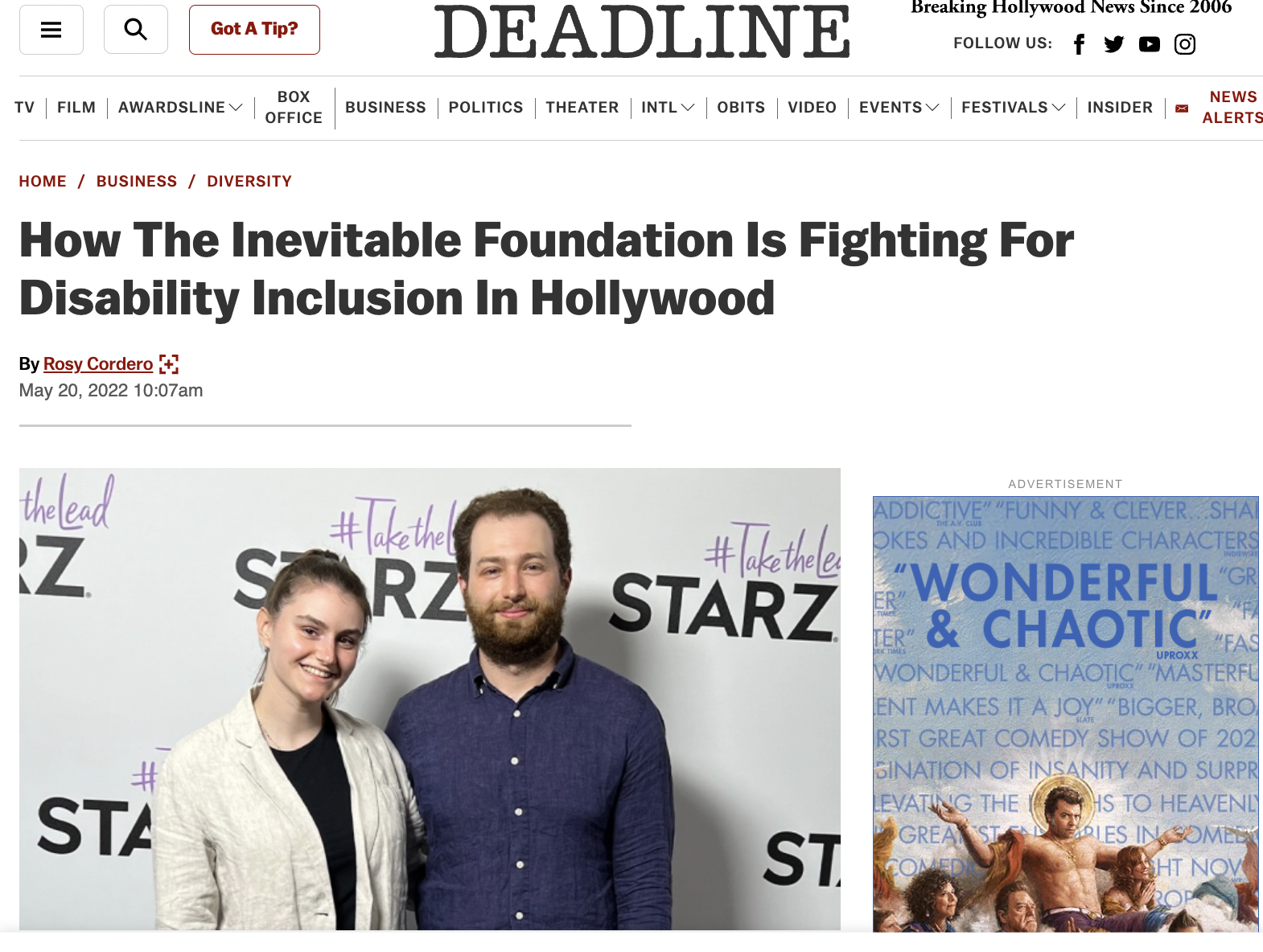 Deadline article titled 'How the Inevitable Foundation is Fighting for Disability Inclusion in Hollywood'