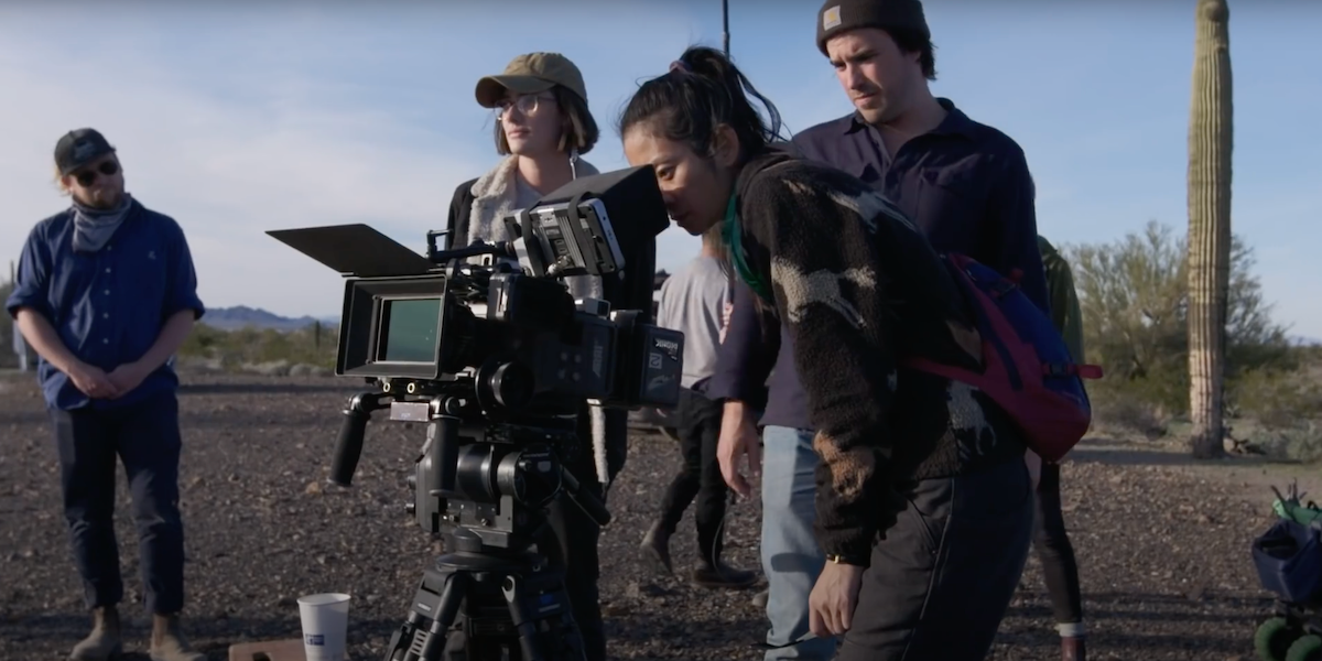Chloe Zhao on set of Nomadland with crew