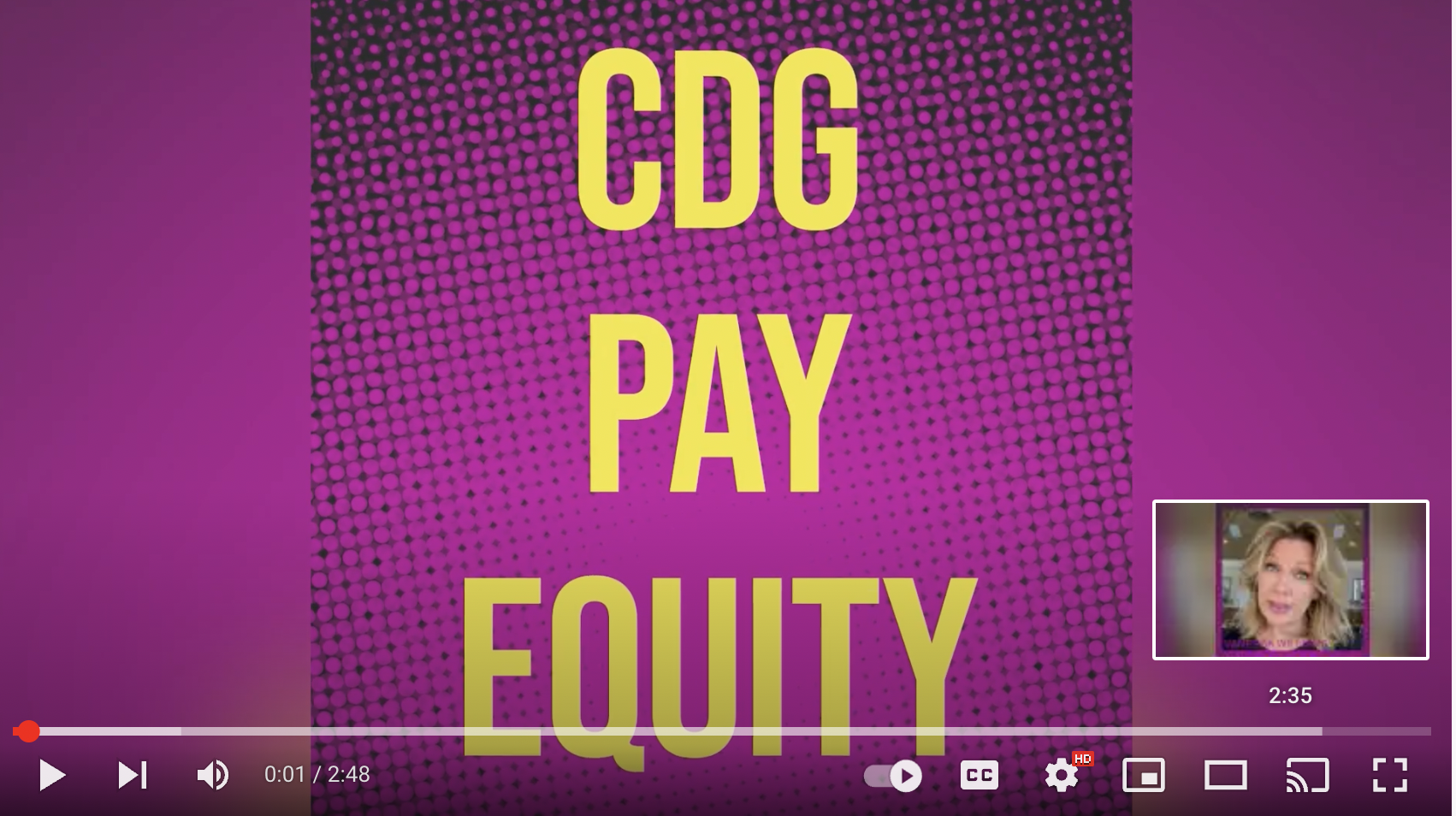 Screenshot from a youtube video, reading "CDG Pay Equity"