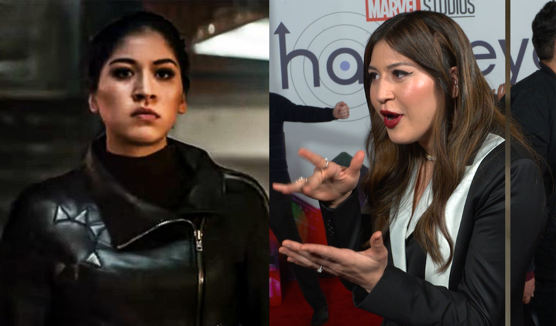 Image of Alaqua Cox as Echo in 'Hawkeye' next to an image of her on the red carpet