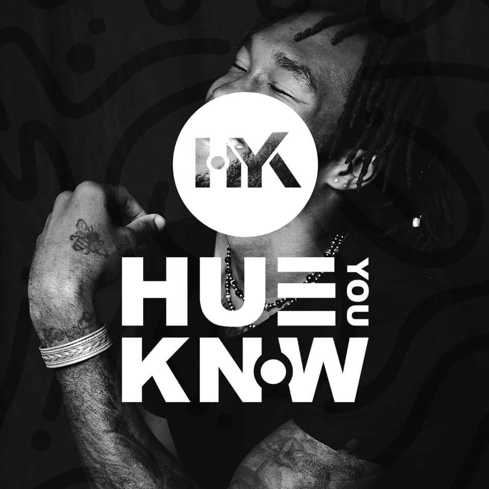 Hue You Know logo over an image of a man