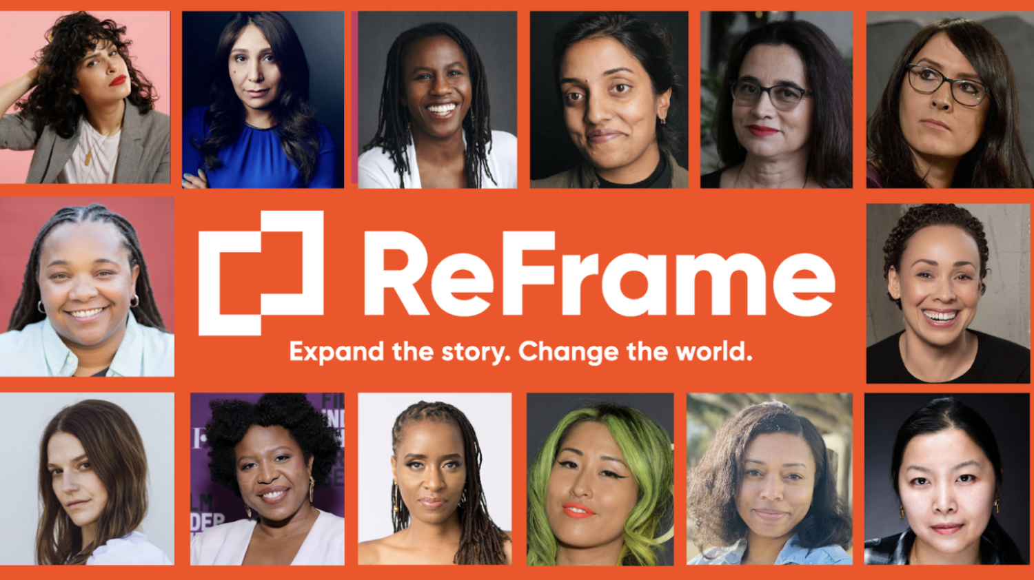 Headshots of ReFrame Rise Fellows surround the ReFrame logo