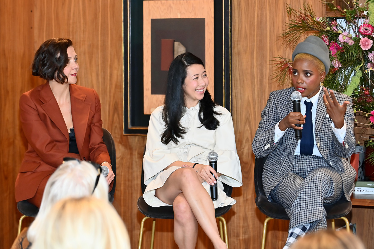Panel participants Maggie Gyllenhaal and Janicza Bravo speak to an audience