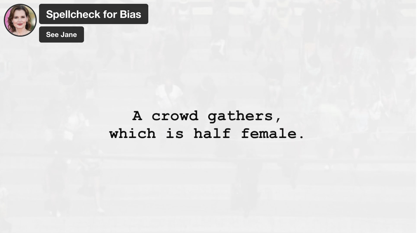 An excerpt from a page of a script that reads 'a crowd gathers, which is half female.'